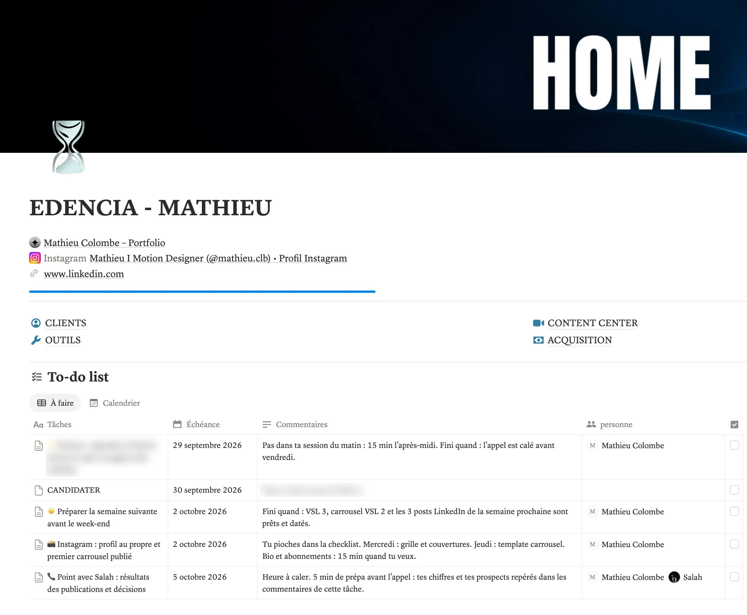 L'espace Notion de Mathieu, élève : la page d'accueil et sa to-do du moment