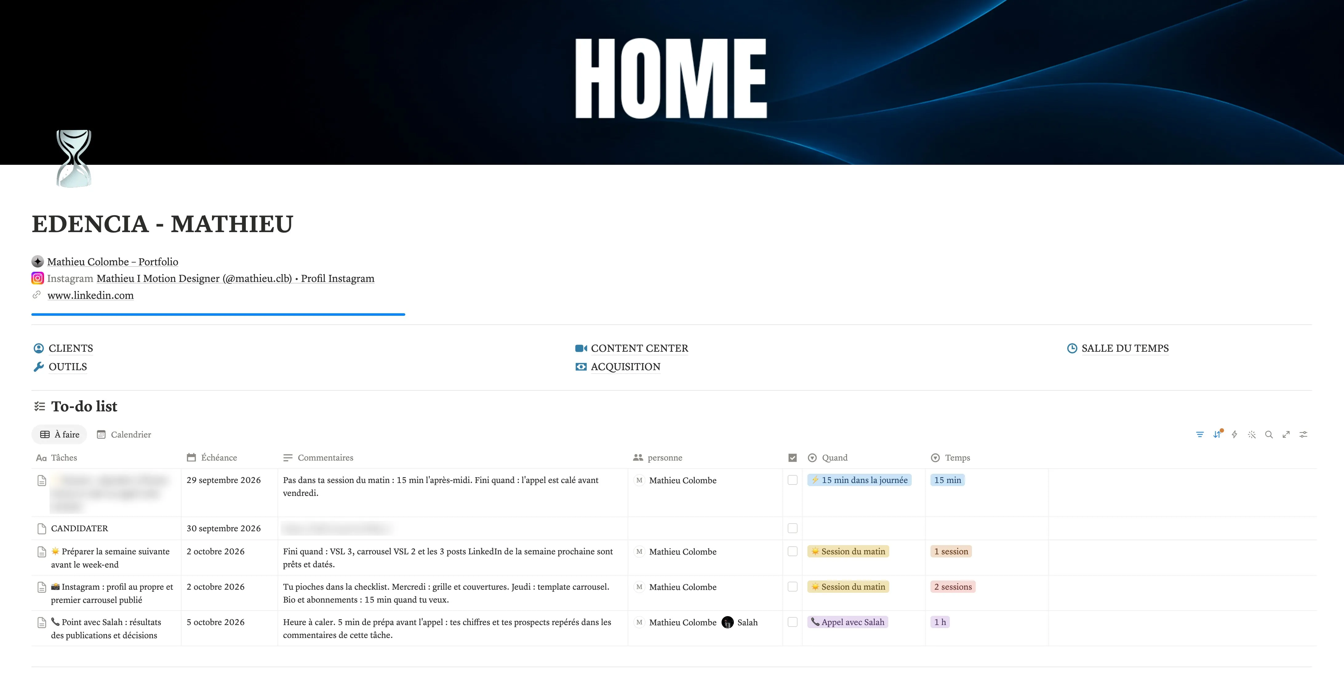 L'espace Notion de Mathieu, élève : la page d'accueil et sa to-do du moment